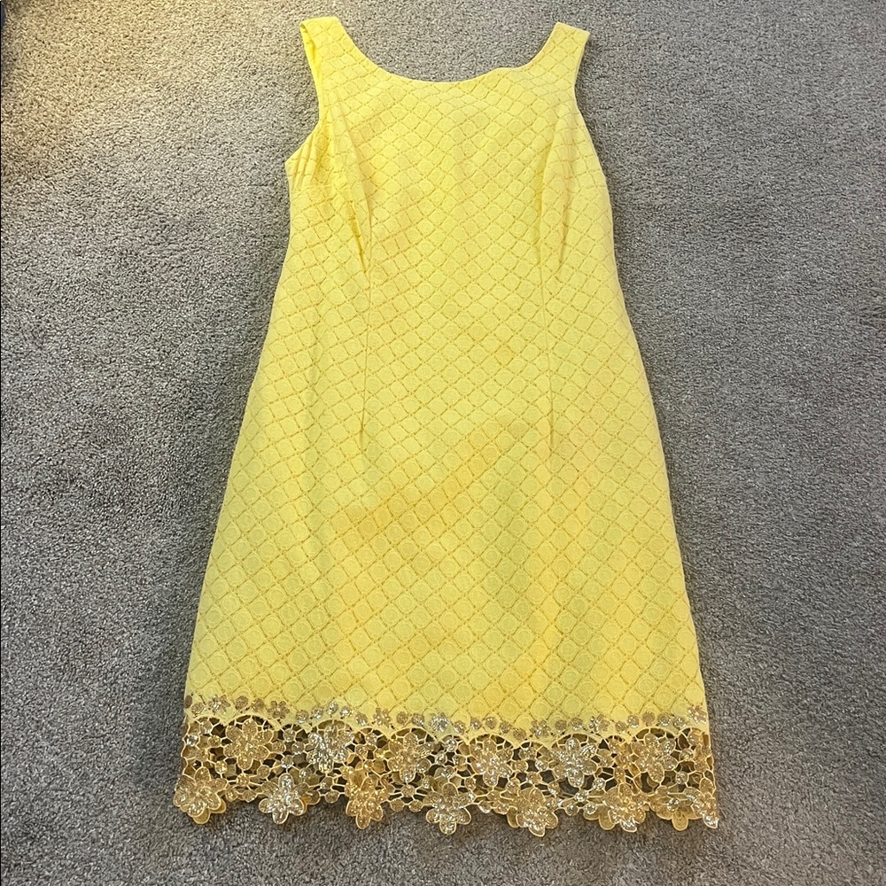 ☀️⚜️🌻🐝Lilly Pulitzer Yellow Lace Shift Honey Gold Sequin Polkadot Floral Hem sz6